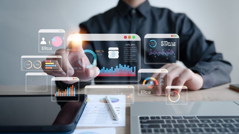 An analyst uses a computer and dashboard for data business analysis and Data Management System with KPI
